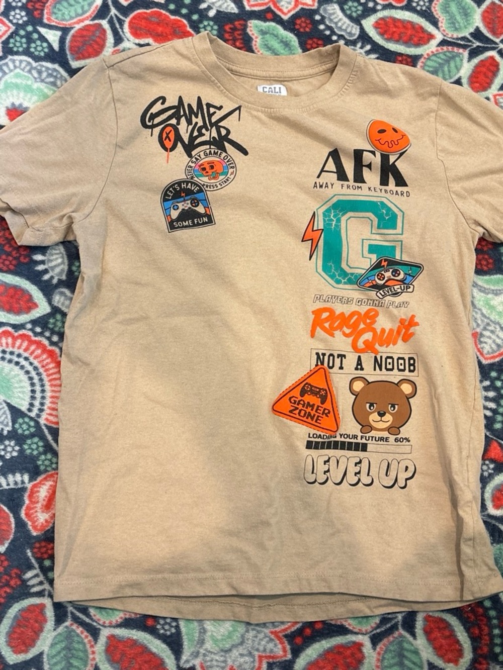 Kids' Tan Graphic Gaming Tee - 'Level Up' Print